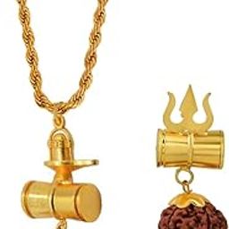 Religious Lord Shiv Shankar Shiv Ling Mahadev Mahakal Trishul Damaru Rudraksha Bead Locket Gold Brown Brass,Wood Pendant Rope Chain NecklaceFor Men and Women-picture-13