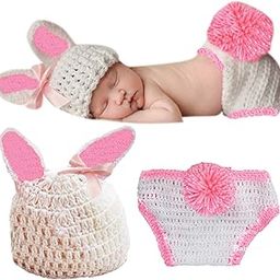 BabyMoon ( SET OF 2 Rabbit Crochet New Born Baby Photography Shoot Props Costume (0-6 Months, Snow White)(Silk)-1