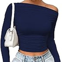Solid Black Color Asymmetric Collar Pleated Cropped Top - Asymmetrical Neck, Ruched Design, Regular Sleeve, Casual, Long Sleeve | Full Sleeve, Crop Length, Slim Fit-image-34