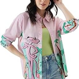 Official Pink Panther: Pink City Women and Girls Long Sleeves Collared Neck Button Front Pink Graphic Printed Cotton Boyfriend Shirts-image-4