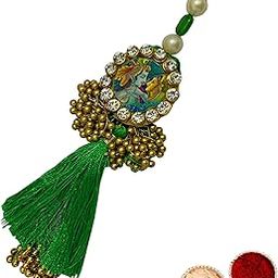 Buyent ® Elegant Kundan lumba rakhi for bhabhi traditional radha krishna chuda rakhi set of 2 hanging for bhabhi sister womens rakhi with roli chawal-1