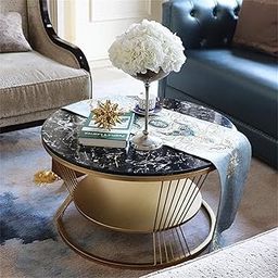 Metal Base Handmade Round Coffee/Nesting/Side/Center Table with Marble Finish Wooden White Top for Living Room/Drawing Room/Balcony Gold (Black & Gold)-64