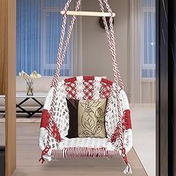 Halder Jute Regular Indoor Outdoor D Shape Hanging Swing Chair (Cotton,White, Red 150 * 65 * 72 cm)-16