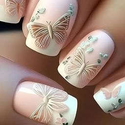 24pcs Glossy Medium Square shape Press On Nails - Butterfly Design with White Daisies, Reusable Artificial Nails for Easy At-Home Manicure, Decorative Pressons, Nail Art, Highquality Finish, Fashion Accessories-13