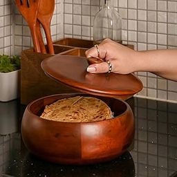 Brick Brown Handcrafted Premium Mahogany Finish Roti Casserole for Kitchen | Round Hot Pot, Roti Dabba with Lid | Casserole, 8.8x8.8x4.3 Inch,Brown,1640 ML,Wood-27