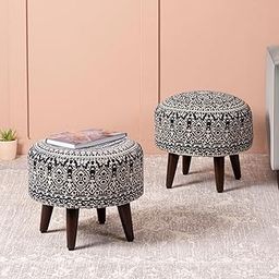 nestroots Set of 2 Wooden Ottoman Stools for Living Room | Printed Pouffes for Sitting, Foot Rest with 4 Wooden Legs | 14 Inch Height, Blue | Stylish & Comfortable Furniture for Home Décor-image-42