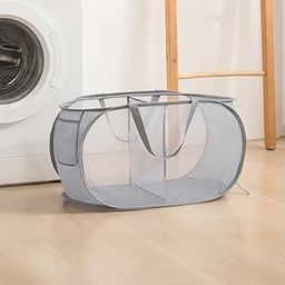 Laundry Basket Clothes Hamper 2 Sections Clothe Sorter Bin,Collapsible Clothes Washing Laundry Hamper,Travel Hamper, Mesh Pop Up Laundry Hamper with Carry Handle-image-36