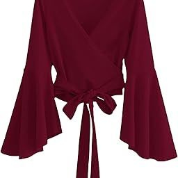 Women's V Neck Tie Knot Bandage Wrap Blouse Top-image-58