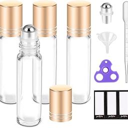 PrettyCare Essential oil Roller Bottles for Oils 10ml Glass Clear Perfume Bottles Empty with Extra Roller Balls, Opener, Funnel, Pipette, Labels, 4pack Roll on Bottles-30