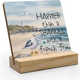 Sarvada Decor Beach Seagull Desk Decor, Happier Than a Seagull with a French Fry Wood Plaque, Beach Decor for Home, Rustic Farmhouse Country Wooden Plaque Sign with Wood Stand for Home Office Lake House-image-98