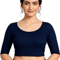Women's Round Neck Cotton Dobby Stretchable Elbow Sleeve Readymade Saree Blouse with Slip-On Fit-image-1