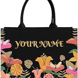 rerden Personalized Floral Canvas Tote Bag, Black with Tropical Flowers, Custom Name Print, Decorative Garden Pattern-picture-11