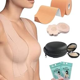 Boob Tape for Women, Multipurpose BodyTape, Breast Lift Tape for Strapless Dress with 10 Cotton Nipple Pasties,1 Pair Reusable Nipple Cover & 36 Strips Double Sided Tape for Clothes Beige-36
