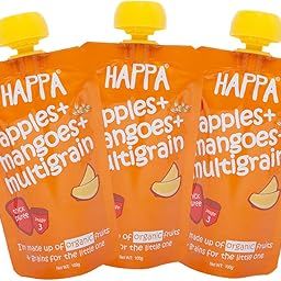 Happa Organic Food, Fruit Puree (Pack of 3, Apple + Mango + Multigrain) Stage 3, 3 Pouches, 100 Gram Each-88