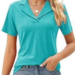 Women's Polo Shirts Lapel Collar V Neck Short Sleeve Blouse Dressy Casual Tunic Tops, Aqua, Medium-image-12