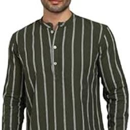 Men's Striped Cotton Short Kurta, Mandarin Collar, White and Grey, Long Sleeve (in, Alpha, M, Dark Green)-image-43