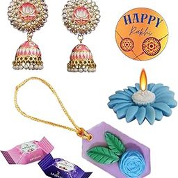 Rakhi Gift Box for Sisters - Kundan Earrings (Color Variation), Scented Wax Sachet and Floating candle with Happy Rakhi Sticker Combo-image-97