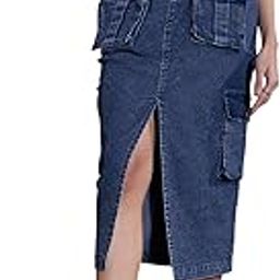 Blue Washed Denim Box Pocket Midi Skirt-image-36