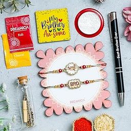 Dreamica Set of 2 Designer Rakhi for Brother | Rakhi Gift Combo with 'Best Brother Ever' Pen, 'My Brother Is Awesome' Fridge Magnet, Silver Plated Coin & Message Bottle.(Rakhi-104)-8
