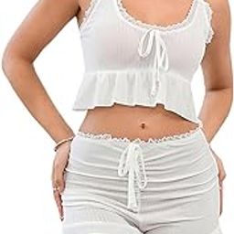 Women's 2 Piece Lingerie Set Pajama Sets Ruffle Trim Tie Front Cami Top and Shorts Sleepwear-image-66
