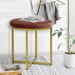 Woodilla Round Contemporary Metal Ottoman Stool for Living Room Ottoman Footrest Stool with Gold Metal Base Pouffes for Sitting for Living Room,Farmhouse Seat Sturdy Stools (Gold & Brown)-2