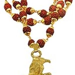 Lord Ram Bhakat Hanuman bajarang Bali Locket With Gold Plated Cap Panchmukhi Rudraksha Mala Gold Brown Brass Wood Religious Jewellery Pendant Necklace-image-69