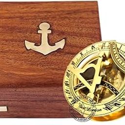 Nautical Shiny Brass Sundial Round Compass Marine Working Directional Compass 3" with Wood Box-image-88
