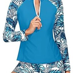 Women 2 Piece Rash Guard with Boy Shorts Long Sleeve Zipper Swimsuit UPF 50 Bathing Suit, Sky Blue Leaf, Medium-image-39