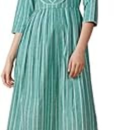 Striped Green Pure Cotton Western Dress-image-2
