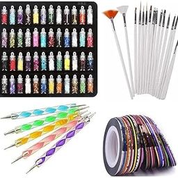 LA VENUST Nail art kit 48 Glass Bottles Glitter Stones ,15 Nail Brush ,10 Round Tape & Two Way 5 Dotting Pen (Nail Art Kit)-image-52