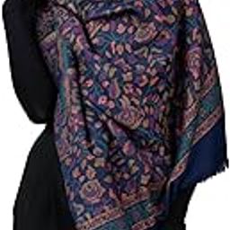Womens Faux Pashmina Shawl, Woven Jamawar, Floral Design, Blue-image-42