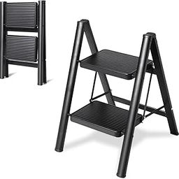 JIALTO 2 Step Aluminums Ladder | Foldable Step with Wide Pedals | Lightweight & Portable Stepping Stool for Home, Kitchen, Library, Office with Anti-Slip Heavy Duty 150 Kg Load (Black, 2 Step Ladder)-image-31