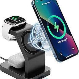 eller santé® Wireless Charger 3-in-1 23W Magnetic Mag-Safe for iPhone 16/16 Plus/16 Pro/16 Pro Max, 15/15 Plus/15 Pro/15 Pro Max,14/13/12, Airpods 3rd/2nd gen, Series 9/8/7/6/5/4/SE-Black-14
