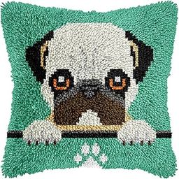 veirousa Pug Puppy Latch Hook Kits for Adults Kids, Beginners DIY Throw Pillow Kit Pre-Printed Pillowcase Hook and Latch Rug Kits Cross-Stitch Cushion Cover for Home Sofa Decor Gift Idea 17x17 inch-picture-22
