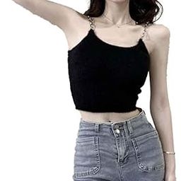 Women's Casual Knit Sleeveless Fur Fluffy Chain Strap Square Neck Crop Cam Tank Top DN 1115-image-96