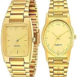 Couple's Gold-Toned Analog Quartz Watches, Square and Round Dial, Metal Strap, His and Hers Set 2-image-29