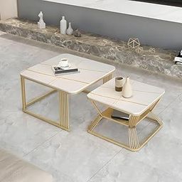 Seyroak Elegant Metal Frame Square Coffee Tables Set of 2 - Stacking Center Tables with Marble Look - Stylish End Table for Living Room Bedroom or Apartments (White & Gold)-9