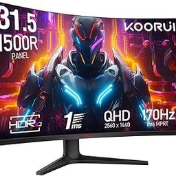KOORUI 31.5" Curved Gaming Monitor, QHD 2560x1440, 170Hz, 1ms, sRGB 100% Color Gamut, HDR10, 1500R Curvature, Adjustable Tilt, DisplayPort, HDMI, Eye Protection-image-12