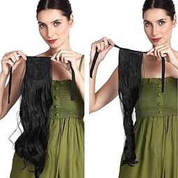 MoonEyes Clip-In Curly Wavy Black Ribbon Ponytail Hair Extension For Women and Girls in 22-24 inch, synthetic fibre-image-78
