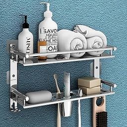 Plantex Bathroom Organiser Without Drill/Stainless Steel Shelf with Soap Dish and Brush Holder/Hooks/Tumbler Holder/Bathroom Stand for Wall (2-Tier, Chrome)-image-79