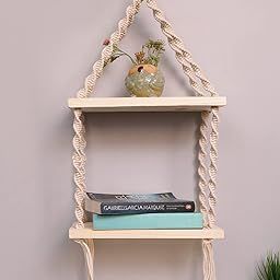 Twilight Macrame Wall Hanging Shelf Woven Home Decor Wood Floating Storage Shelf Bohemian Handmade Cotton Rope (2 Tier)-picture-22