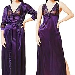 Women's Satin Maxi Night Dress Full Sleeve Gown Comfortable & Fancy Sleepwear for Ladies Ankle Length Nightwear 2pcs Set with Robe-image-83