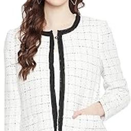 Women White Checked Round Neck Blazer-image-28