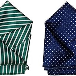 Men’s Satin Pocket Square Set – Green Striped & Navy Blue with White Polka Dots – Classic Suit Handkerchief-image-78