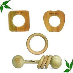 Natural.Toys Neem Wood Teether Combo for Infant (Dumbbell Rattle + Apple Teether + Square Teething + 75Mm Ring) Baby Teethers Set-picture-0