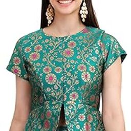 Frolic Rolic Green Silk Jacquard Wowen Design Waist Length Ethnic Blouse-image-6