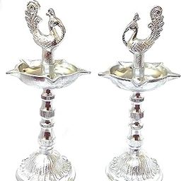 White Metal Diya Set/Kuthuvilakku Set for Pooja Room/kuthu vilakku Set by Samukkaras Fashions-18