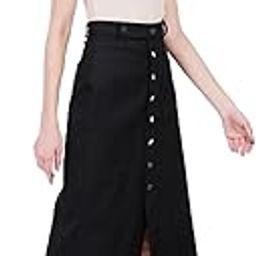 Women Solid Zed Black High-Rise Waist Pure Cotton Slip-On Thigh-High Slit Straight Hem Button Embellished Midi Skirt Women's Elastic Waist Below Knee Length Elegance for Women-image-41