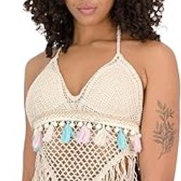 Women's Knit Crochet Halter Neck Padded Fringes Bikini Tops Backless Beachwear Bralette Crop Top 105 (One Size XS-S-M) Bust 28-34 Inch-image-41