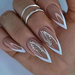 24 Reusable Artificial Fake Nail Set| Dark Peach White Golden Butterfly Design Stiletto Nails| Lightweight & Long Lasting| Easy To Use| Quick Fix For Festivals & Special Occasions-picture-4